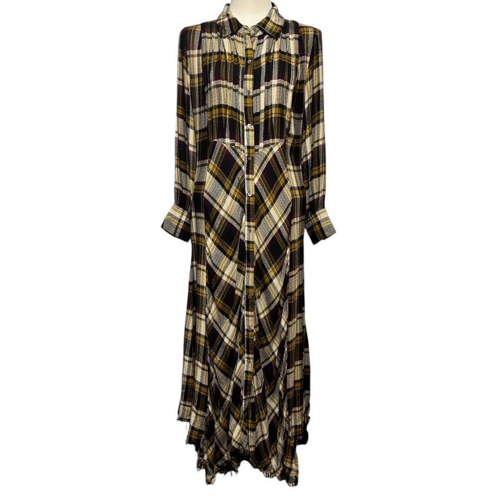 Natural Life Long Sleeve Button Up Maxi Dress Brown Tan Plaid Medium